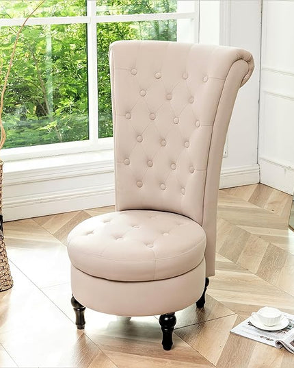 Royal High-Back Velvet Accent Chair for Vanity with Storage and Luxurious Upholstery, Retro Design and Versatile Usage for Living Room, Bedroom, Lounge and Office, Ivory - LeafyLoom