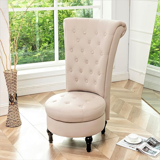 Royal High-Back Velvet Accent Chair for Vanity with Storage and Luxurious Upholstery, Retro Design and Versatile Usage for Living Room, Bedroom, Lounge and Office, Ivory - LeafyLoom