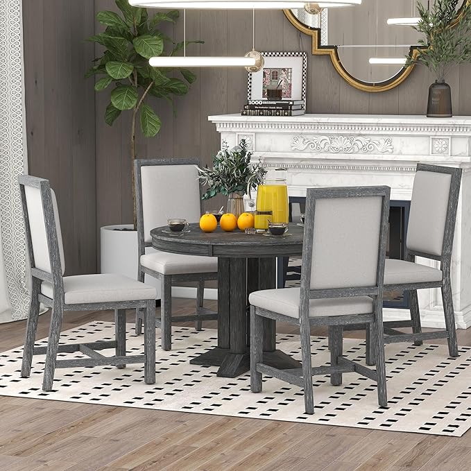 Extendable Round Upholstered, X-Shape Base, Modern Small Kitchen Chairs Room Home Furniture Breakfast Nook, Dining Table Set for 4-6, Black - LeafyLoom