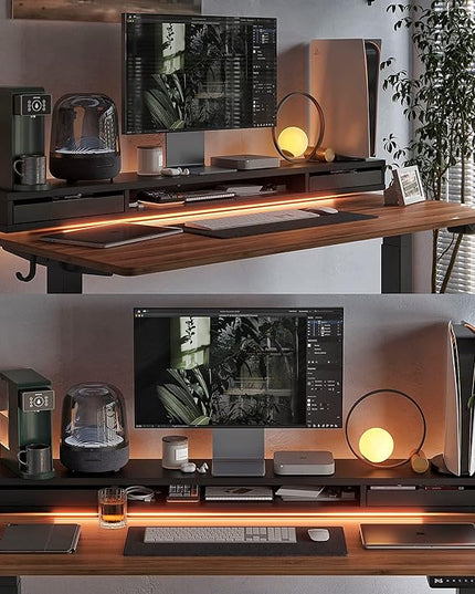 FEZIBO 48 x 24 Inch Height Adjustable Electric Standing Desk with Double Drawers, Stand Up Desk with LED Strips, Sit Stand Desk with Monitor Stand, Blcak Walnut - LeafyLoom