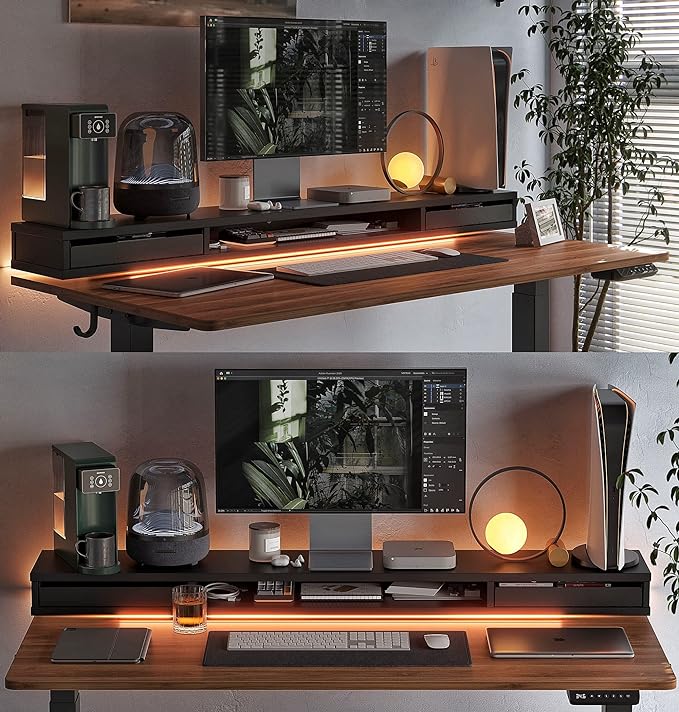 FEZIBO 48 x 24 Inch Height Adjustable Electric Standing Desk with Double Drawers, Stand Up Desk with LED Strips, Sit Stand Desk with Monitor Stand, Blcak Walnut - LeafyLoom