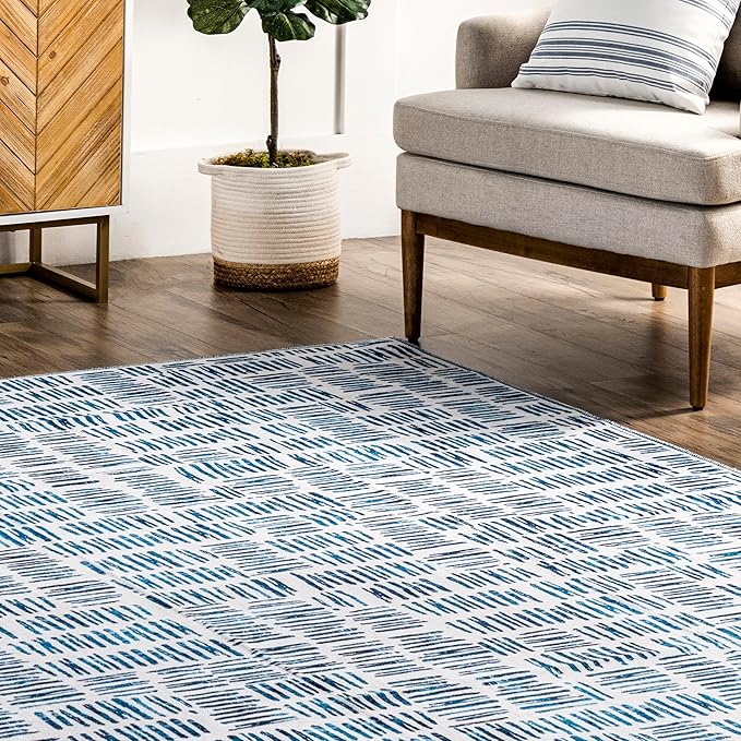 nuLOOM Mitzi Abstract Lines Machine Washable Ultra Thin Area Rug, 8' x 10', Blue - LeafyLoom