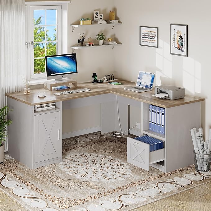 YITAHOME L Shaped Desk with Power Outlets, 60 Inch Computer Desk Corner Desk with File Drawer, Home Office Desk with Monitor Stand & Storage Shelves, L-Shaped Desk with File Cabinet, Grey Wash - LeafyLoom