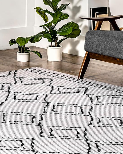 nuLOOM Leo Geometric Striped Machine Washable Ultra Thin Area Rug, 4' x 6', Ivory - LeafyLoom