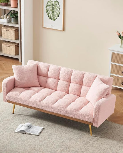 Fabric Teddy Fleece Folding Futon Sofa Bed w/Adjustable Backrests, 2 Seater Tufted Convertible Lounge Couch Recliner Loveseat with Metal Golden Legs for Living Room, Office,Bedroom, Pink 69" - LeafyLoom