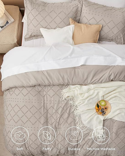 Bedsure Queen Comforter Set - Linen Comforter, Boho Tufted Shabby Chic Bedding Comforter Set, 3 Pieces Vintage Farmhouse Bed Set for All Seasons, Fluffy Soft Bedding Set with 2 Pillow Shams - LeafyLoom
