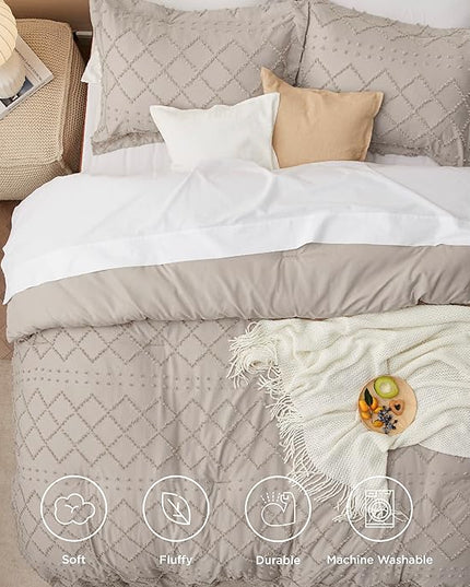 Bedsure Full Size Comforter Set - Linen Comforter, Boho Tufted Shabby Chic Bedding Comforter Set, 3 Pieces Vintage Farmhouse Bed Set for All Seasons, Fluffy Soft Bedding Set with 2 Pillow Shams - LeafyLoom