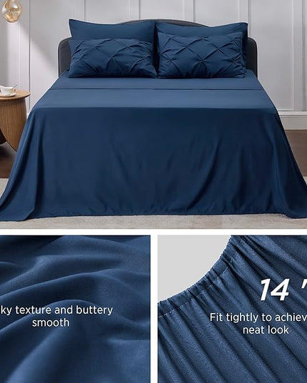 Bedsure Navy Comforter Set Queen - Bed in a Bag Queen 7 Pieces, Pintuck Bedding Sets Navy Blue Bed Set with Comforter, Sheets, Pillowcases & Shams - LeafyLoom