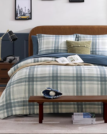 Blue Twin XL Comforter Set, Plaid Twin Comforter Set for Boys & Girls,Classic Homestead-style Twin Bed Set with Sheets and Comforter Set - LeafyLoom