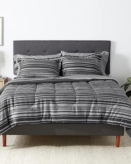 Amazon Basics Lightweight Microfiber Bed-in-a-Bag Comforter 7-Piece Bedding Set, Full/Queen, Gray Calvin Stripe, Striped - LeafyLoom