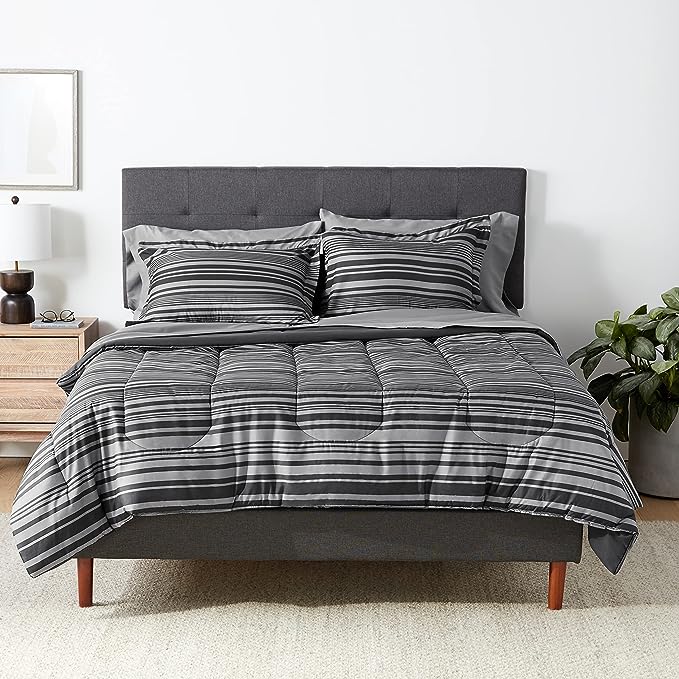 Amazon Basics Lightweight Microfiber Bed-in-a-Bag Comforter 7-Piece Bedding Set, Full/Queen, Gray Calvin Stripe, Striped - LeafyLoom