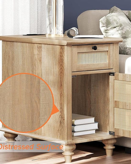 WAMPAT End Tables with Charging Station Set of 2, Rattan Side Table Farmhouse Nightstand with Drawer & Cabinet, Wooden Bedside Table with Power Outlets & USB Ports for Bedroom & Living Room, Burlywood - LeafyLoom
