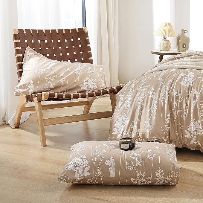 JANZAA Queen Comforter Set Taupe Comforter,3 PCS Bedding Sets Floral Comforter Set Plant Flowers Printed on Lightweight Comforter for All season - LeafyLoom