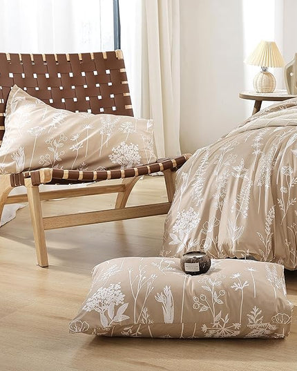 JANZAA Twin Comforter Taupe Comforter Set Floral Comforter Set Bedding Set White Flower Printed Lightweight Comforter with 1 Pillow Case for All Season Using - LeafyLoom