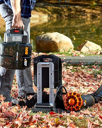 Worx Nitro 80V Cordless Leaf Blower, 800 CFM 150 MPH, Brushless Backpack Electric Leaf Blower WG572, Turbine Fan, Variable Air Control – 4 PowerShare Batteries, Basecamp Charger Included - LeafyLoom