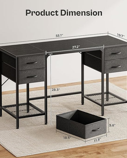 55 Inch Computer Desk with 4 Drawers, Office Desk with Mesh Shelf, Gaming Desk, Large Storage, Writing Desk Work Desk for Home Office, Study, Bedroom, Work from Home, Black - LeafyLoom