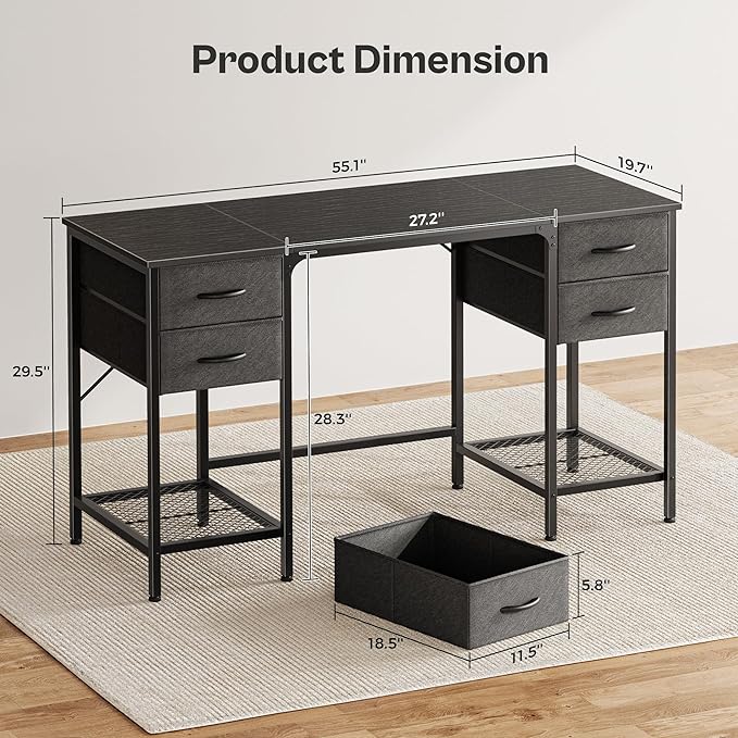 55 Inch Computer Desk with 4 Drawers, Office Desk with Mesh Shelf, Gaming Desk, Large Storage, Writing Desk Work Desk for Home Office, Study, Bedroom, Work from Home, Black - LeafyLoom