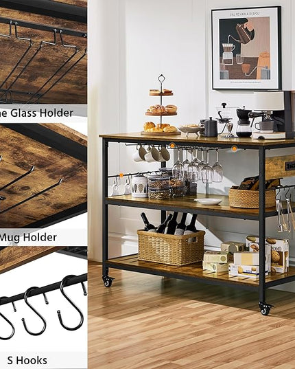 Yaheetech Kitchen Island with Power Outlet, Rolling Kitchen Cart with Wine Rack & Glass Holder & Hooks, Coffee Bar Microwave Stand Wine Rack Table for Dining Room, 47.5" W x 24" D, Rustic Brown - LeafyLoom