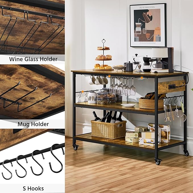 Yaheetech Kitchen Island with Power Outlet, Rolling Kitchen Cart with Wine Rack & Glass Holder & Hooks, Coffee Bar Microwave Stand Wine Rack Table for Dining Room, 47.5" W x 24" D, Rustic Brown - LeafyLoom