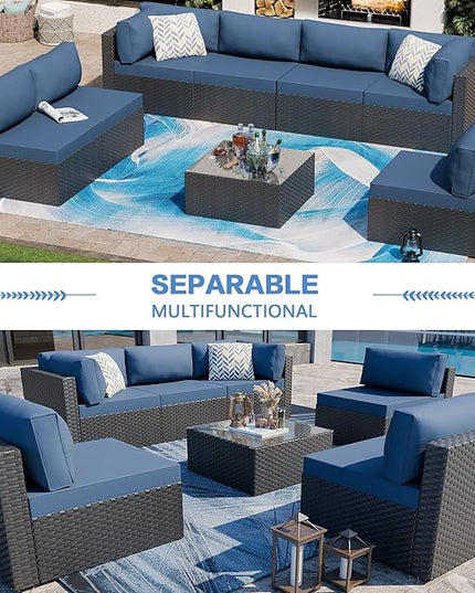 Shintenchi 7 Pieces Outdoor Patio Sectional Sofa Couch, Black Wicker Furniture Conversation Sets with Washable Cushions & Glass Coffee Table for Garden, Poolside, Backyard (Aegean Blue) - LeafyLoom