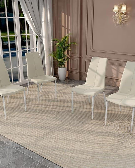 Modern Faux Leather Dining Chairs Set of 4, Padded Seat Dining Side Chairs, Upholstered Chair with Metal Legs for Kitchen, Living Room, Dining Room, White Chairs+Silver Legs - LeafyLoom