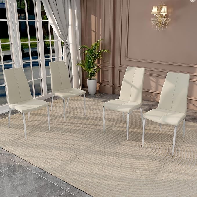 Modern Faux Leather Dining Chairs Set of 4, Padded Seat Dining Side Chairs, Upholstered Chair with Metal Legs for Kitchen, Living Room, Dining Room, White Chairs+Silver Legs - LeafyLoom