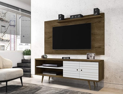Manhattan Comfort Liberty Mid Century Modern TV Stand for Televisions up to 60 Inches, Bedroom and Living Room Entertainment Center with Storage, Shelves, and Cabinet, 63" Wide, Rustic Brown/White - LeafyLoom