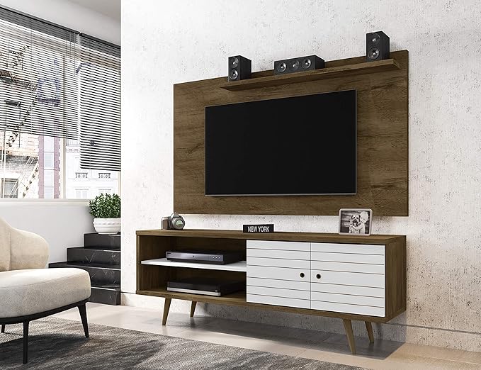 Manhattan Comfort Liberty Mid Century Modern TV Stand for Televisions up to 60 Inches, Bedroom and Living Room Entertainment Center with Storage, Shelves, and Cabinet, 63" Wide, Rustic Brown/White - LeafyLoom
