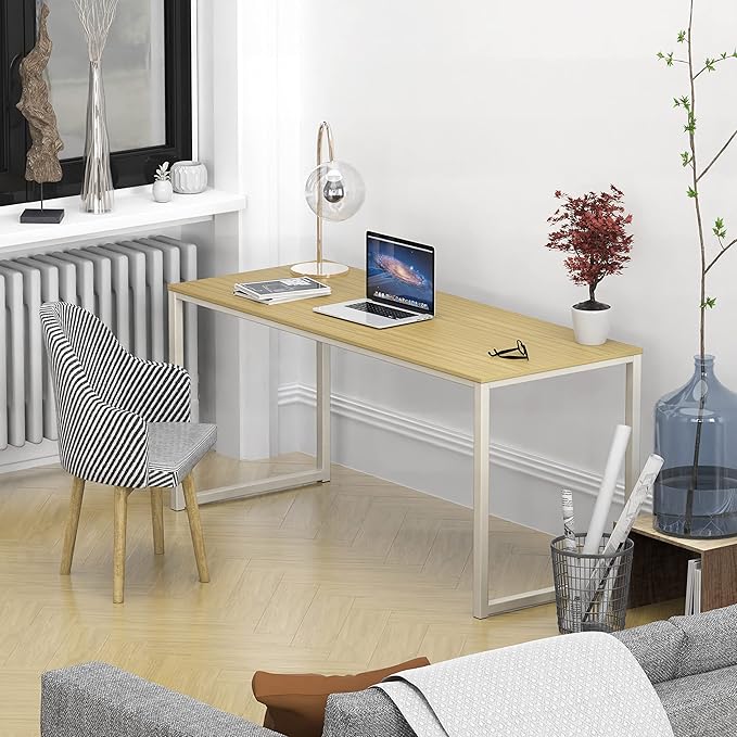 SHW Home Office 55 Inch Computer Desk, 24" Deep, Oak - LeafyLoom