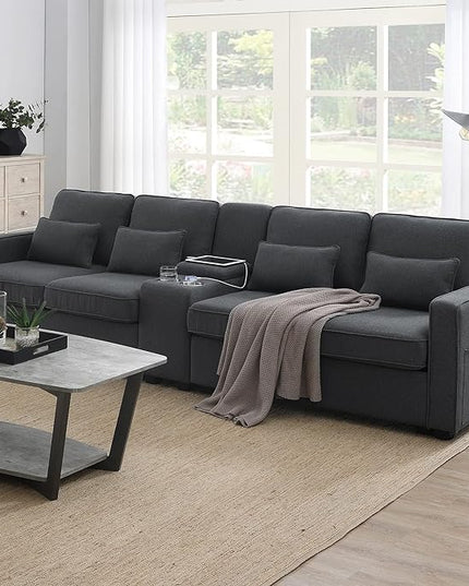 114.2" Linen Upholstered Sofa with Consoleand 2 USB Ports Wired or Wirelessly Charged,Modern 4-Seat Couches W/ 4 Pillows and Two Cupholders,for Living Room,Apartment,Dark Grey - LeafyLoom