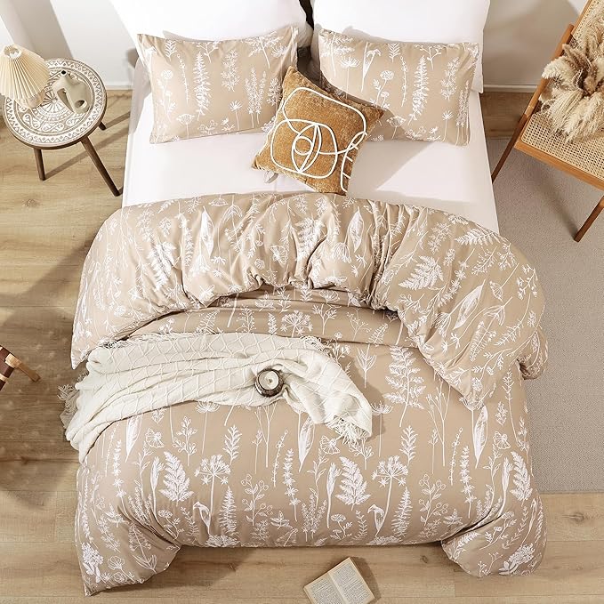 JANZAA Twin Comforter Taupe Comforter Set Floral Comforter Set Bedding Set White Flower Printed Lightweight Comforter with 1 Pillow Case for All Season Using - LeafyLoom