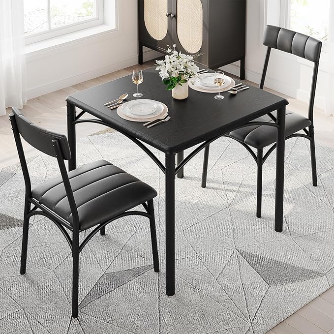 IDEALHOUSE Dining Table Set for 2, Kitchen Table and Chairs for 2, Dining Room Table Set with 2 Upholstered Chairs, 3 Piece Square Kitchen Table Set for Small Space, Apartment, Rustic Black - LeafyLoom