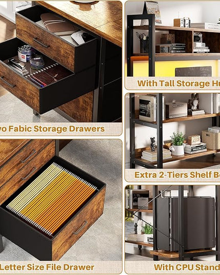 Aheaplus L Shaped Desk with Hutch, Gaming Desk with Led Lights, Reversible Computer Desk with Power Outlet, Corner Desk with File Drawer & Monitor Stand, Storage Shelves for Home, F1, Rustic Brown - LeafyLoom