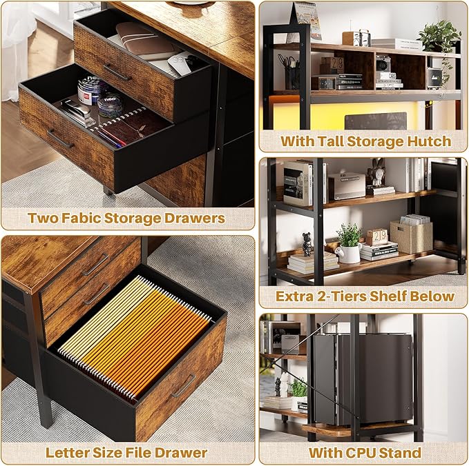 Aheaplus L Shaped Desk with Hutch, Gaming Desk with Led Lights, Reversible Computer Desk with Power Outlet, Corner Desk with File Drawer & Monitor Stand, Storage Shelves for Home, F1, Rustic Brown - LeafyLoom