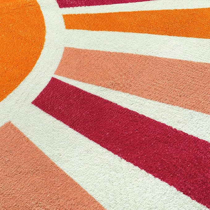 Washable Rainbow Rug for Kids Room Playroom, 4'x 4'7" Boho Sun Kids Rug for Girls Boys, Non-Slip Orange Carpet Small Play Rug for Tent Reading Corner Dorm Entryway - LeafyLoom