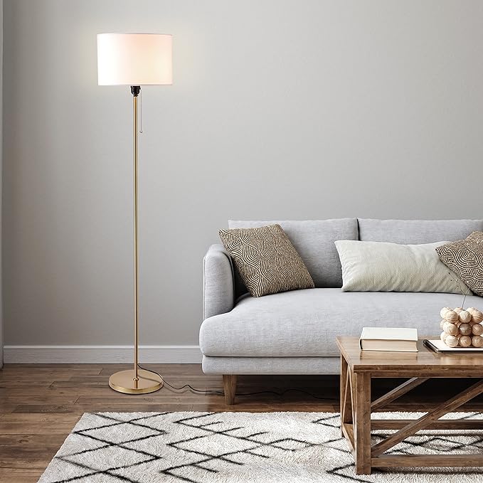 O’Bright Ted - Drum Shade Standing Lamp, Pull Chain Switch, E26 Socket, Modern Minimalist Design, Simple Floor Lamp for Living Room, Bedroom, Office, Antique Brass - LeafyLoom