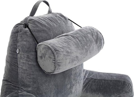 Husband Pillow XXL Dark Grey Backrest with Arms - Adult Reading Pillow Shredded Memory Foam, Ultra-Comfy Removable Microplush Cover & Detachable Neck Roll, Unmatched Support Bed Rest Sit Up Pillow - LeafyLoom