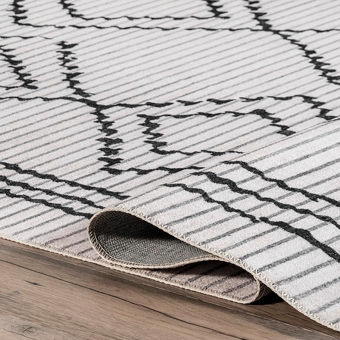 nuLOOM Leo Geometric Striped Machine Washable Ultra Thin Area Rug, 4' x 6', Ivory - LeafyLoom