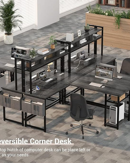 Aheaplus L Shaped Desk with Power Outlet & LED Strip, Reversible L-Shaped Corner Computer Desks Gaming Desk with Storage Shelf & Monitor Stand, Modern 2 Person Home Office Desk Writing Desk, Grey Oak - LeafyLoom