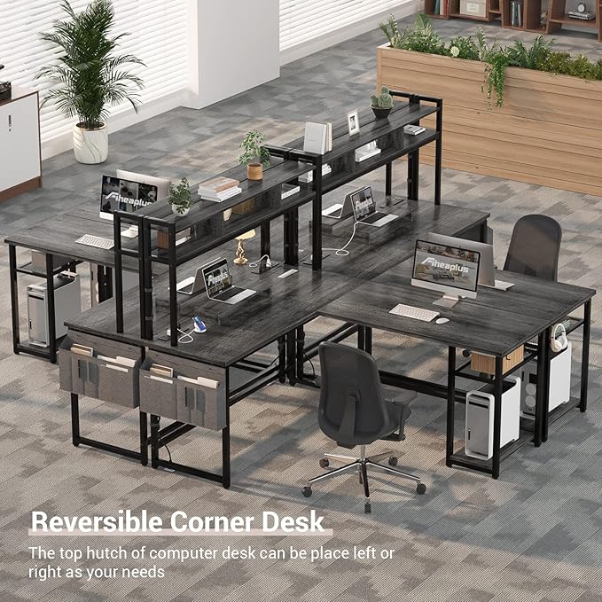 Aheaplus L Shaped Desk with Power Outlet & LED Strip, Reversible L-Shaped Corner Computer Desks Gaming Desk with Storage Shelf & Monitor Stand, Modern 2 Person Home Office Desk Writing Desk, Grey Oak - LeafyLoom