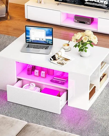 YITAHOME Modern Coffee Tables for Living Room, High Gloss LED Coffee Table, Storage Coffee Table, Small Coffee Table, Wood Center Table with 2 Sliding Drawers and Open Side Shelf,White - LeafyLoom