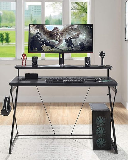 OSP Home Furnishings Emulator Battlestation Gaming Desk with RGB LED Lights, Black - LeafyLoom