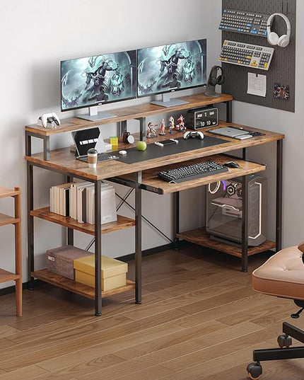 VERMESS Computer Desk, 48 Inch Home Office Desk, Gaming Desk with Keyboard Tray, Full Monitor Stand, Storage Shelves, CPU Stand Shelf, 47" Study Table Wide Writing Desk for 2 Monitors, Rustic Brown - LeafyLoom