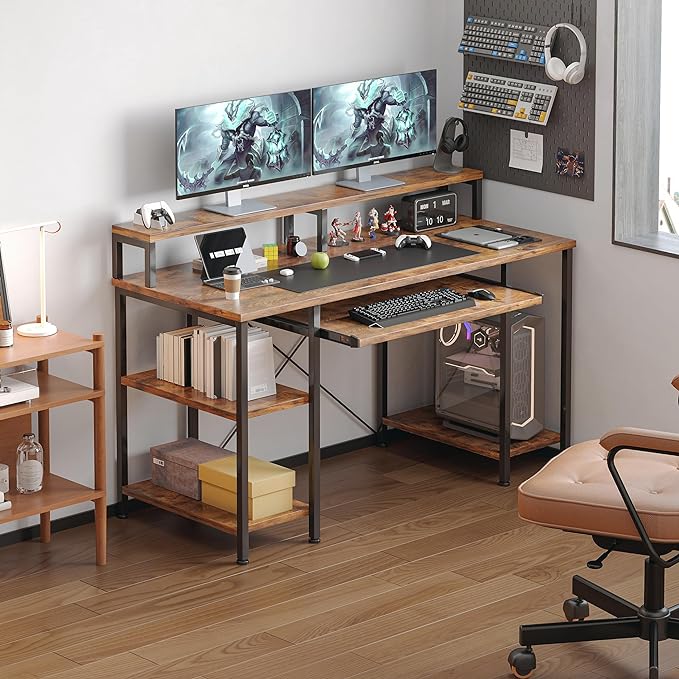 VERMESS Computer Desk, 48 Inch Home Office Desk, Gaming Desk with Keyboard Tray, Full Monitor Stand, Storage Shelves, CPU Stand Shelf, 47" Study Table Wide Writing Desk for 2 Monitors, Rustic Brown - LeafyLoom