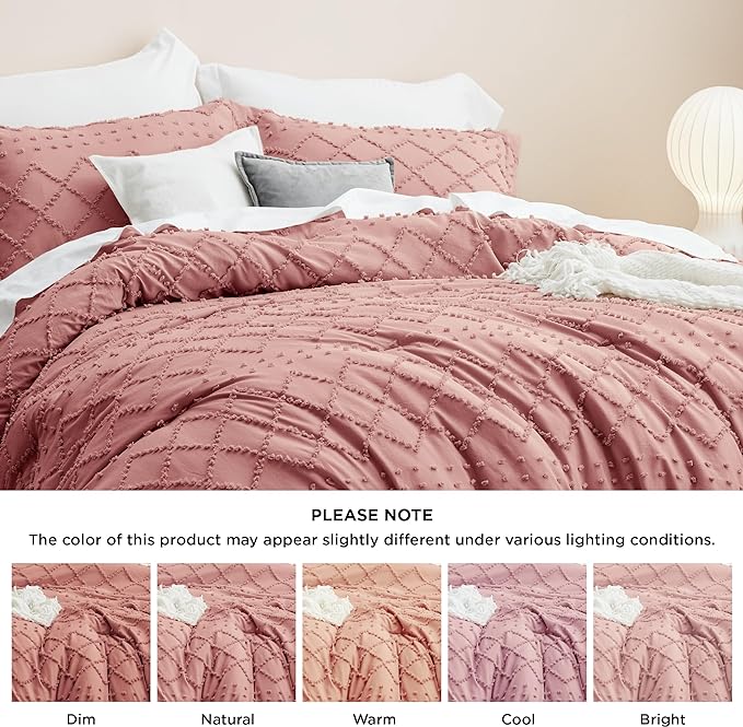 Bedsure King Size Comforter Set - Pink Clay Boho Comforter, Tufted Shabby Chic Bedding Comforter Set, 3 Pieces Vintage Farmhouse Bed Set for All Seasons, Fluffy Soft Bedding Set with 2 Pillow Shams - LeafyLoom