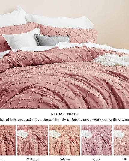 Bedsure Queen Comforter Set - Pink Clay Boho Comforter, Tufted Shabby Chic Bedding Comforter Set, 3 Pieces Vintage Farmhouse Bed Set for All Seasons, Fluffy Soft Bedding Set with 2 Pillow Shams - LeafyLoom