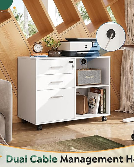 DEVAISE 3-Drawer Wood File Cabinet with Lock, Mobile Lateral Filing Cabinet, Printer Stand with Open Storage Shelves for Home Office, White - LeafyLoom