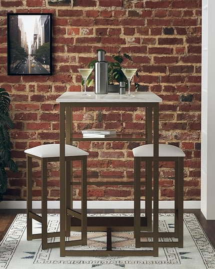 Dorel Living Tanner 3-Piece Brass Pub Set with Faux Marble Top, White - LeafyLoom