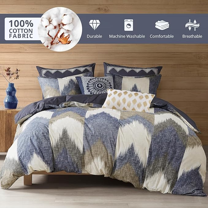INK+IVY Queen Size Comforter Set, Cozy Cotton Comforter, All Season, Lightweight Comforter Queen Bed Set with 2 Matching Shams, Modern Cabin Lodge Ikat Chevron Design, Navy Full/Queen 3 Piece - LeafyLoom