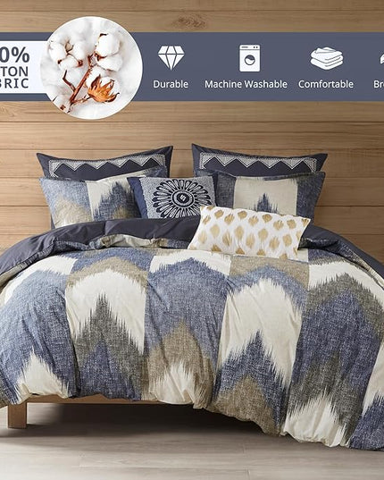 INK+IVY King Size Comforter Set, Cozy Cotton Comforter, All Season, Lightweight Comforter King Bed Set with 2 Matching Shams, Modern Cabin Lodge Ikat Chevron Design, Navy King/Cal King 3 Piece - LeafyLoom